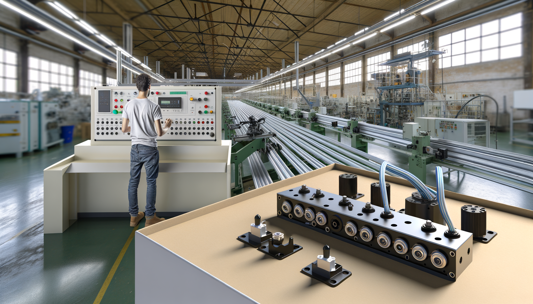 Tecnico in fabbrica durante un retrofit su una macchina industriale con encoder e trasduttori di posizione