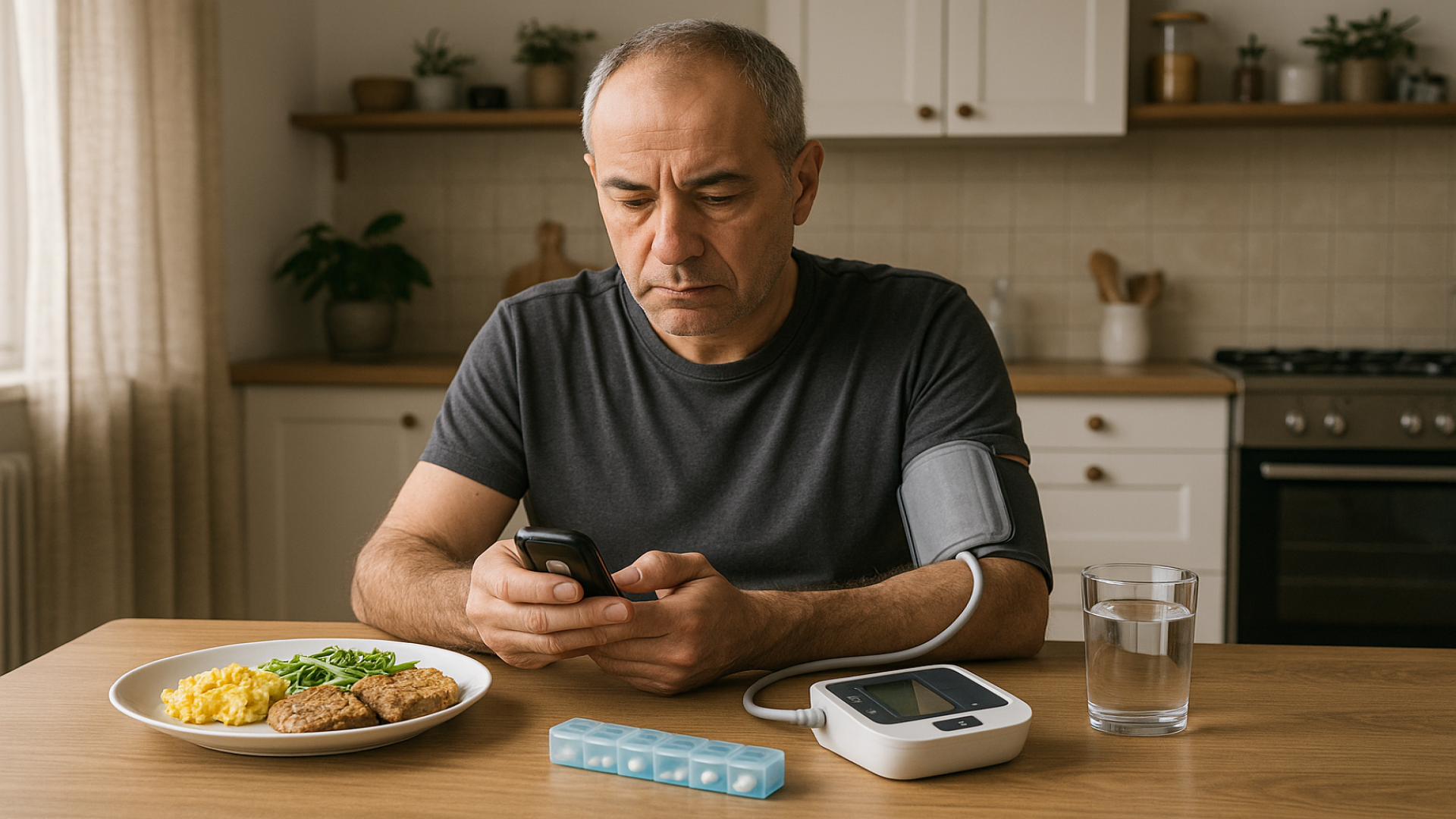 Uomo di circa cinquant'anni in cucina controlla glicemia e pressione prima di una colazione low-carb